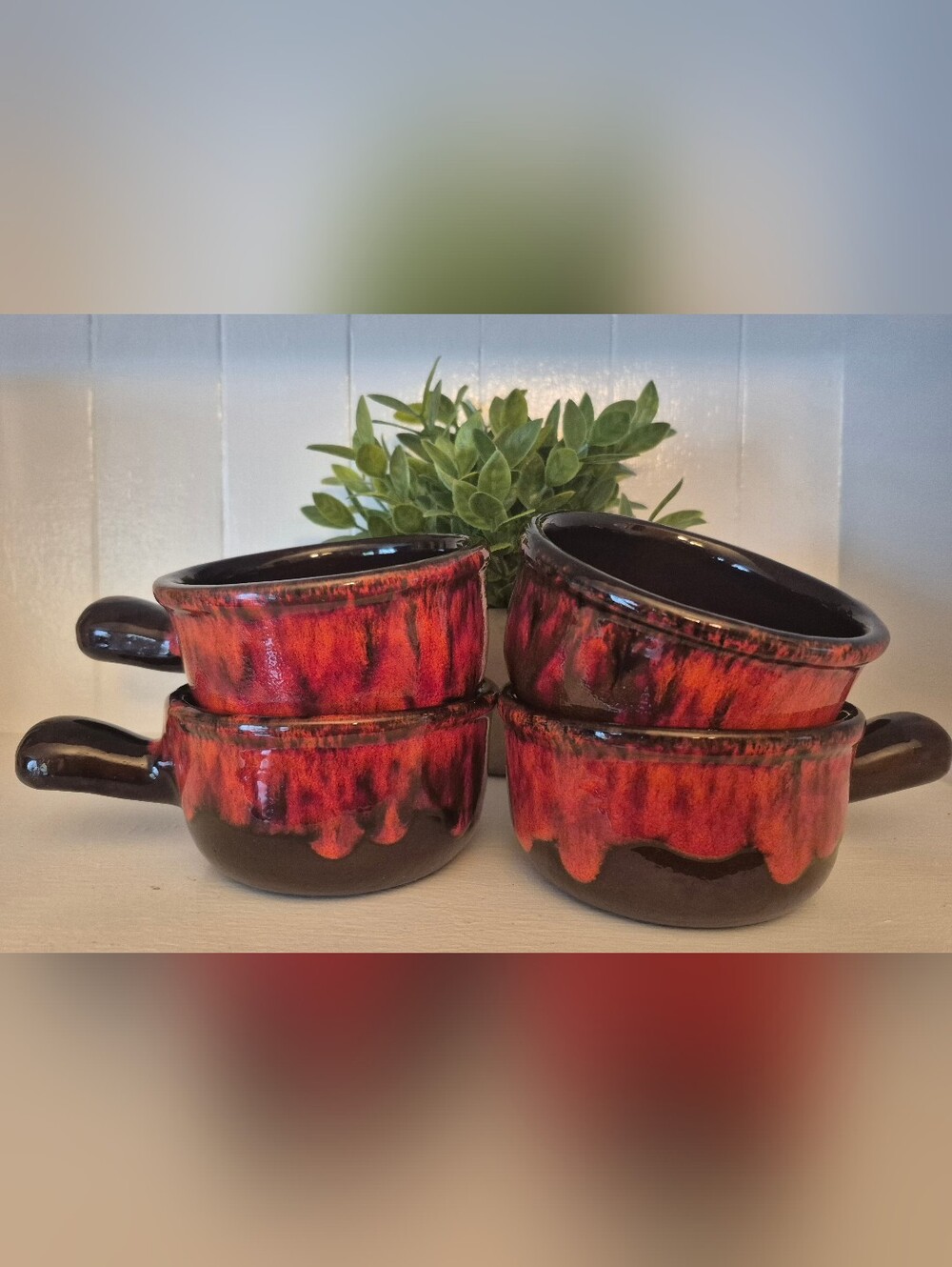 Vintage Set Of Four Evangeline Drip Pottery French Onion Soup Bowls